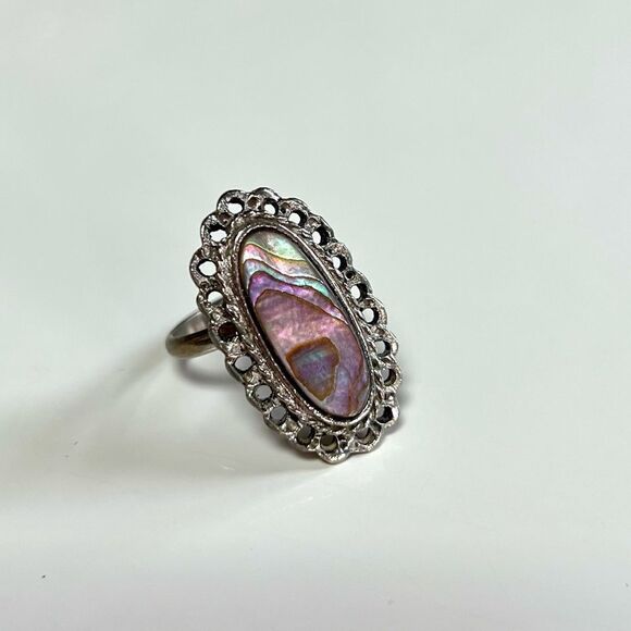 Vintage Silver Mexican Navajo Iridescent Abalone Moonstone Filigree Oval Ring - Picture 1 of 11